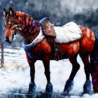 Colorful wolf digital art in snowy landscape with rustic elements