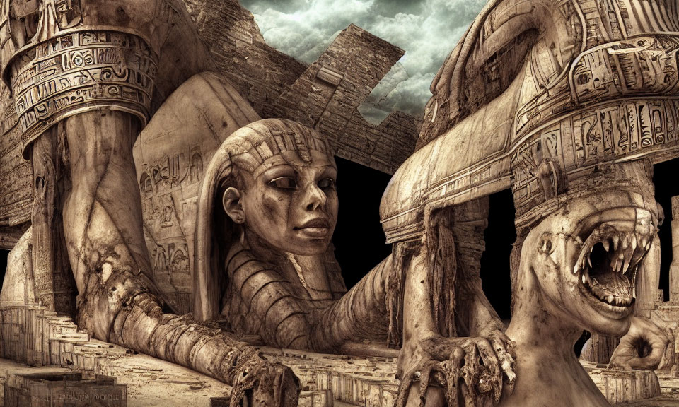 Surreal artwork: Ancient Egyptian statues with human faces and lion bodies in ruins