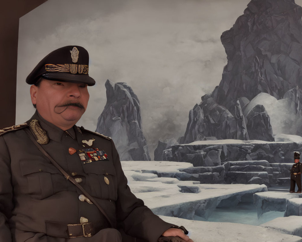 Military man with medals and icy landscape with mountains.