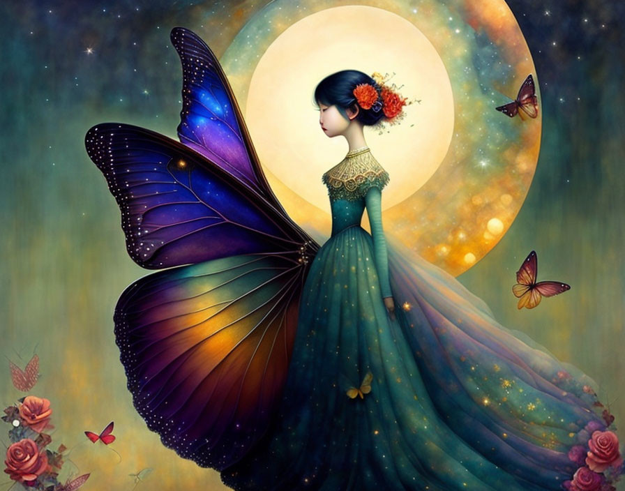 Illustration of woman with butterfly wings under full moon and flowers