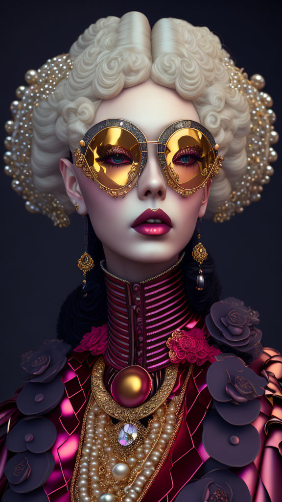Elaborate Baroque Hairstyle and Opulent Jewelry on Female Figure
