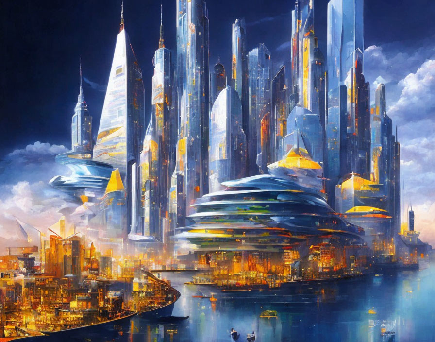 Futuristic night cityscape with illuminated skyscrapers & flying vehicles