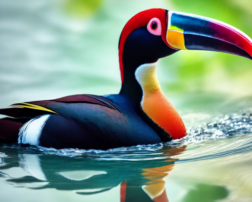 Colorful Toucan Swimming with Reflection in Water