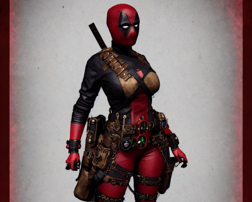 Cosplayer in red and black Deadpool costume with accessories.