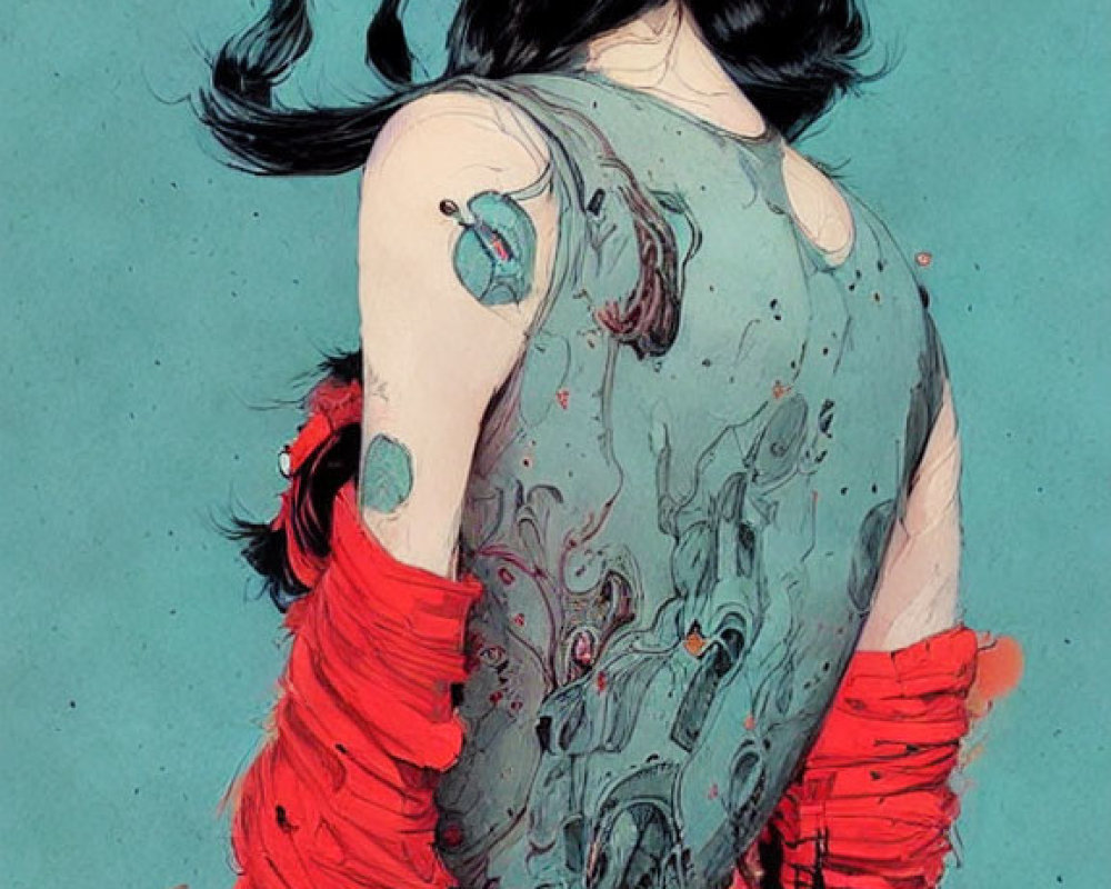 Profile view of woman with tattooed back in red fringed garment against teal background