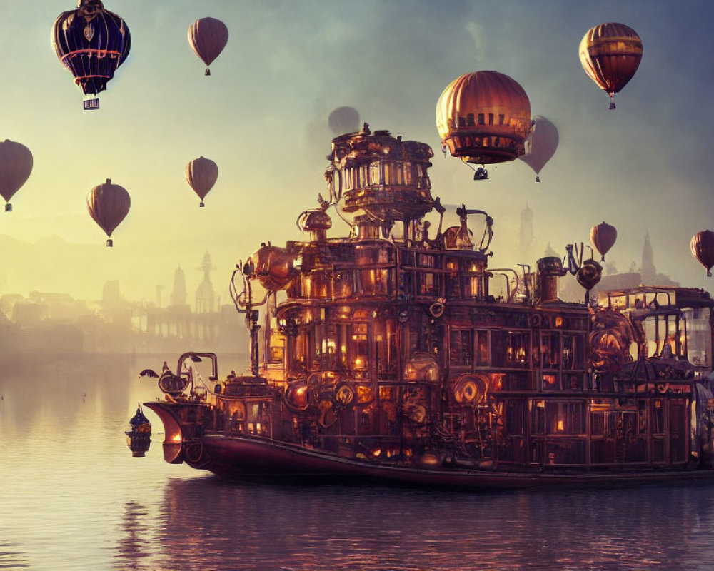 Steampunk ship with gears and hot air balloons on misty dawn sky