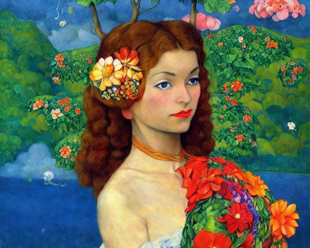 Portrait of Woman with Auburn Hair and Floral Dress in Vibrant Floral Setting