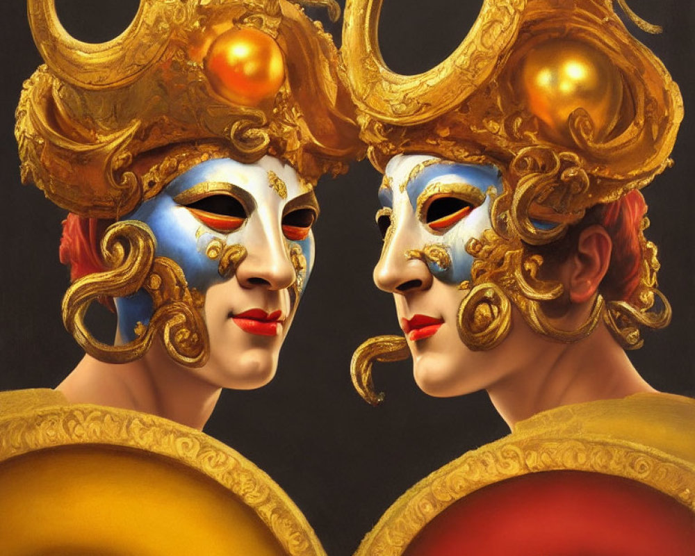 Two individuals in elaborate golden Venetian masks on dark backdrop