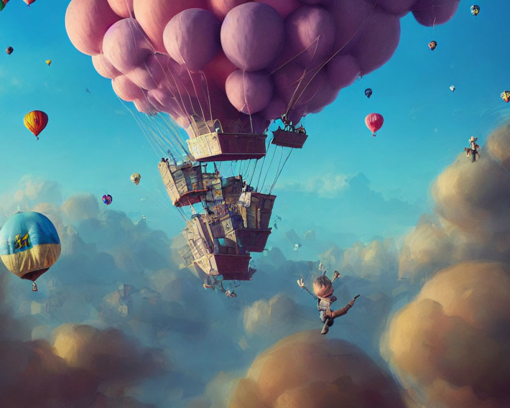 Colorful hot air balloons and floating structure with pink balloons in whimsical scene