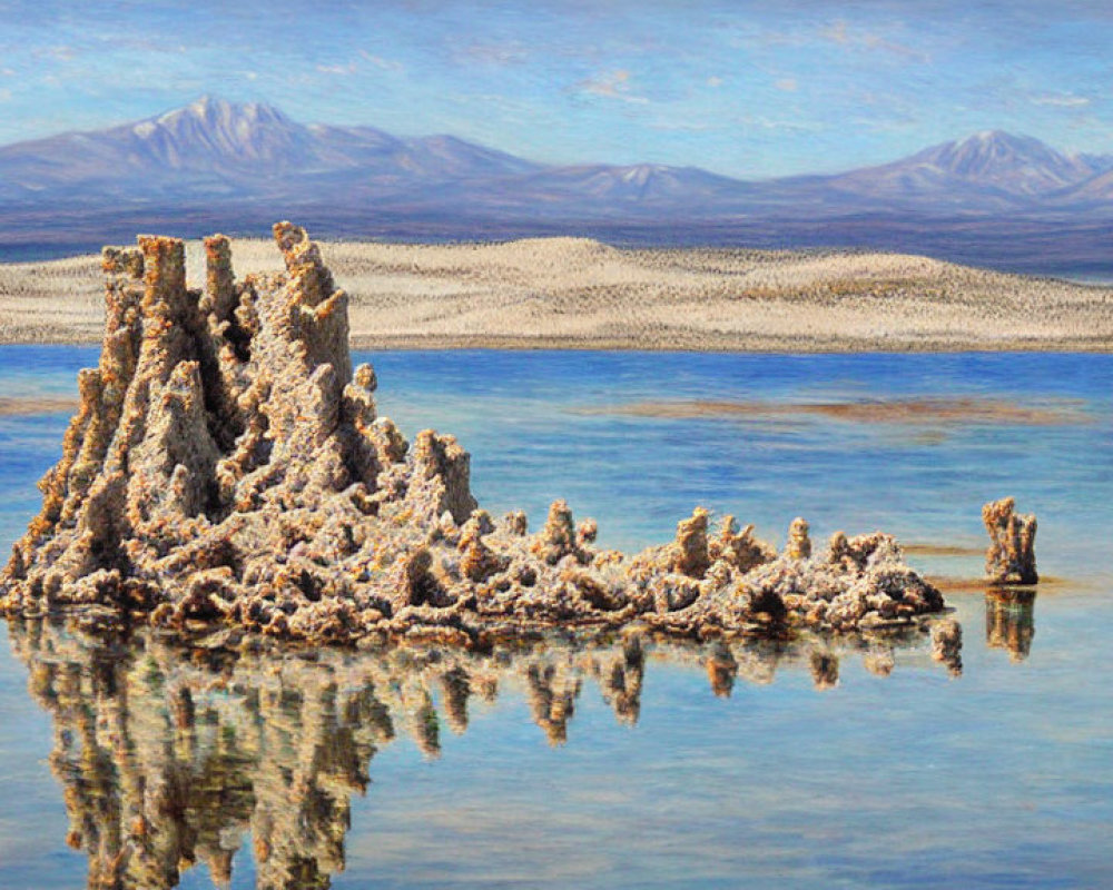 Tranquil landscape with salt formation in blue lake, desert, and mountains.