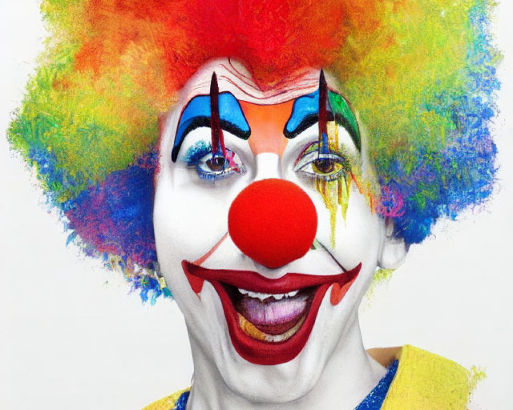 Colorful Smiling Clown with Frizzy Wig and Red Nose