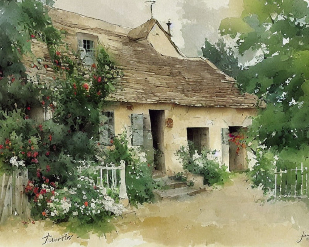 Rustic cottage watercolor painting with thatched roof and lush greenery