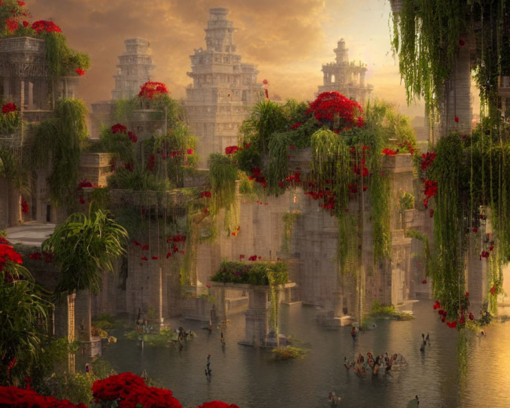 Ancient overgrown city with vibrant foliage and red flowers at sunset