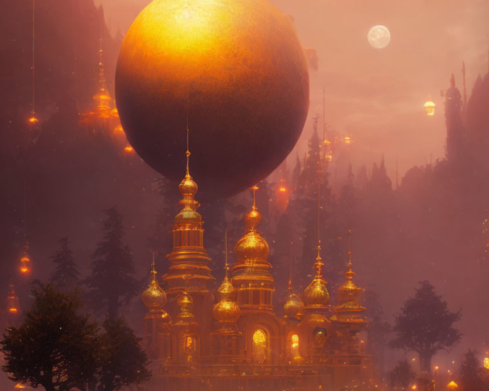 Mysterious sphere above golden temple in mystical forest at dusk