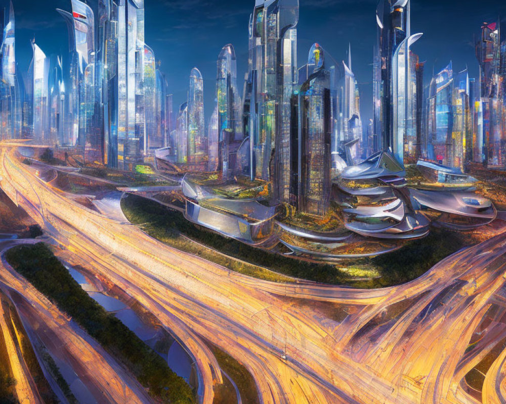 Modern city skyline with glowing skyscrapers and busy highways at twilight