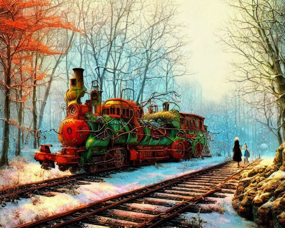 Vintage Train in Snowy Forest with Person Walking