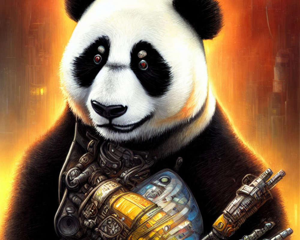 Detailed illustration: Panda with cybernetic arm in industrial, orange background