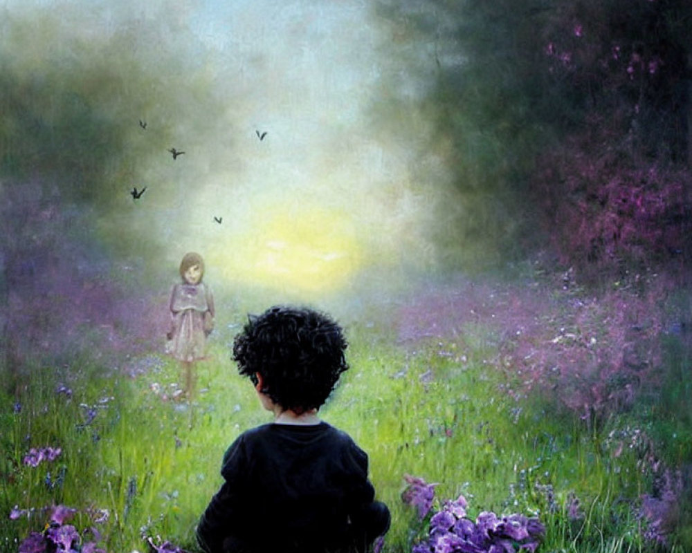 Child with curly hair in flower field under dreamy sunset sky
