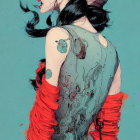 Profile view of woman with tattooed back in red fringed garment against teal background
