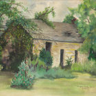 Rustic cottage watercolor painting with thatched roof and lush greenery