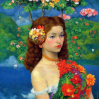 Portrait of Woman with Auburn Hair and Floral Dress in Vibrant Floral Setting