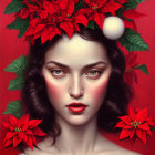 Serene woman portrait with red poinsettias and ornament on red background