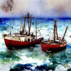Rustic fishing boats on choppy sea in vibrant watercolor