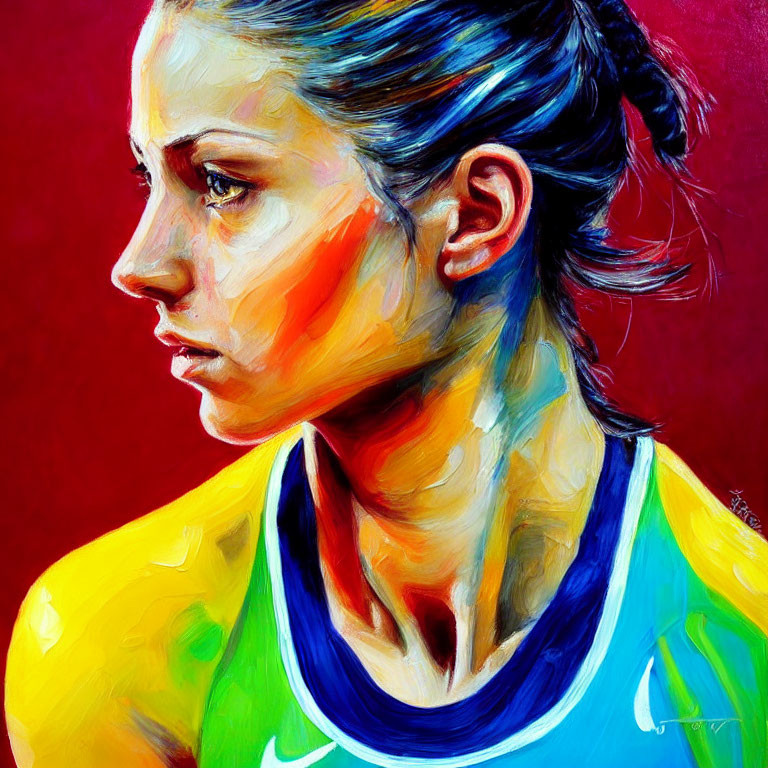 Vibrant portrait of woman in athletic attire against red backdrop