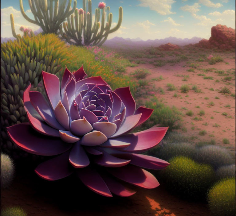Purple succulent in desert landscape with cacti and mountains.