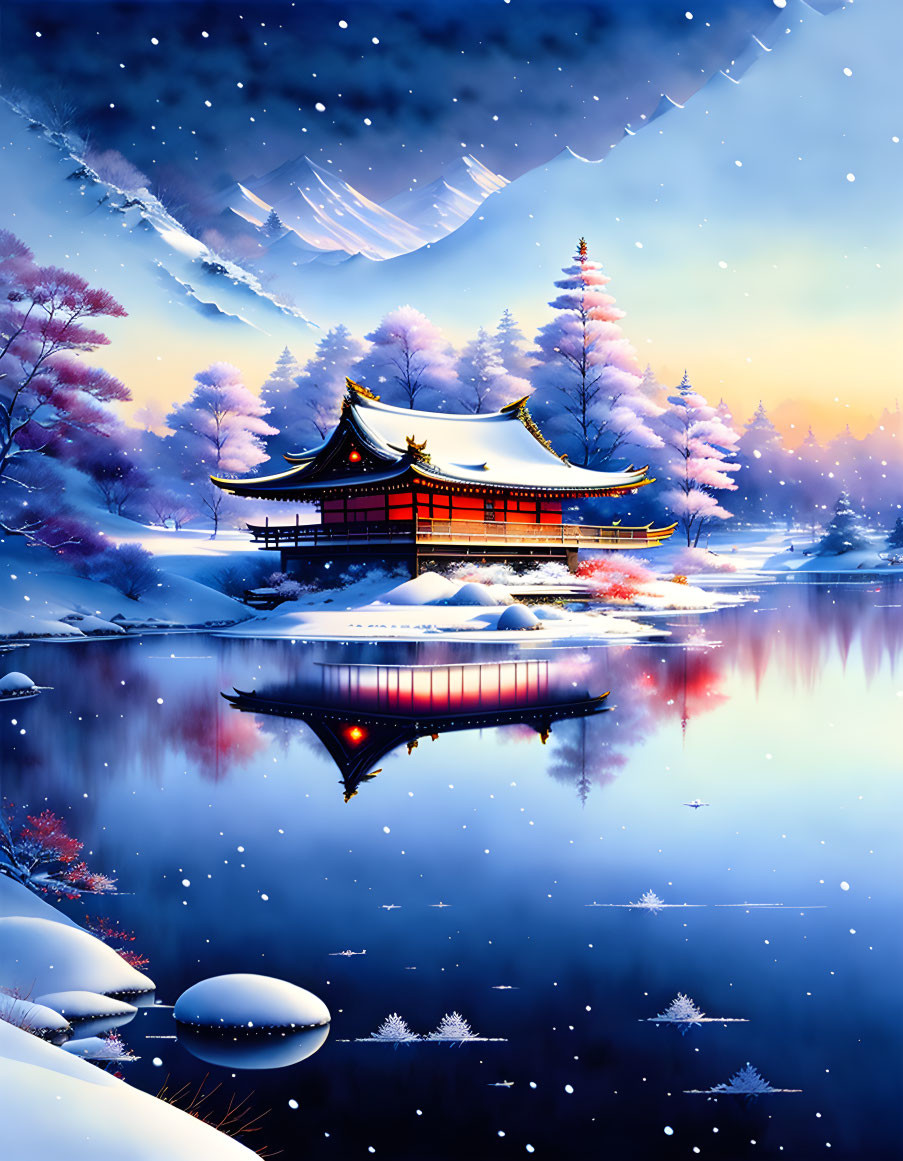 Traditional Japanese pagoda in serene winter scene by calm lake with snow-covered trees and cherry blossoms under