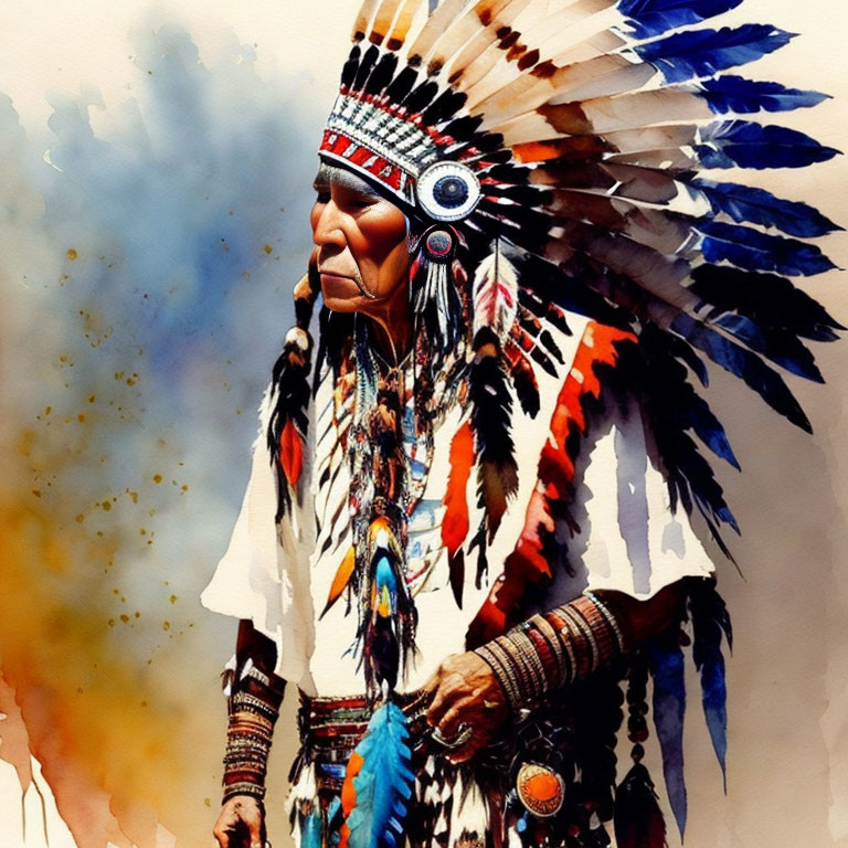 Vibrant watercolor portrait of a Native American chief in traditional attire