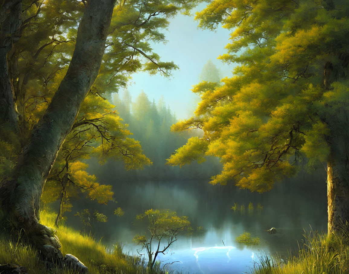 Tranquil forest landscape with golden trees by a lake at sunrise