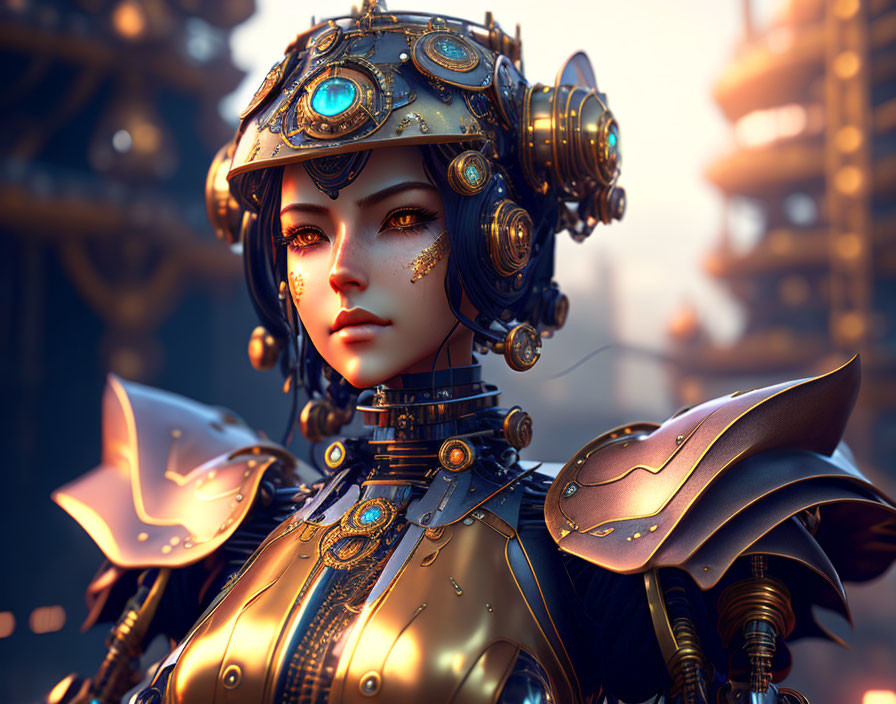 Steampunk-style female character with elaborate armor and headgear.