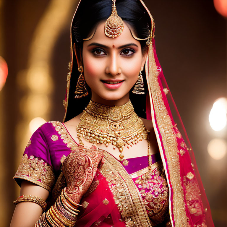 Traditional Indian Bridal Attire with Red Saree and Gold Jewelry