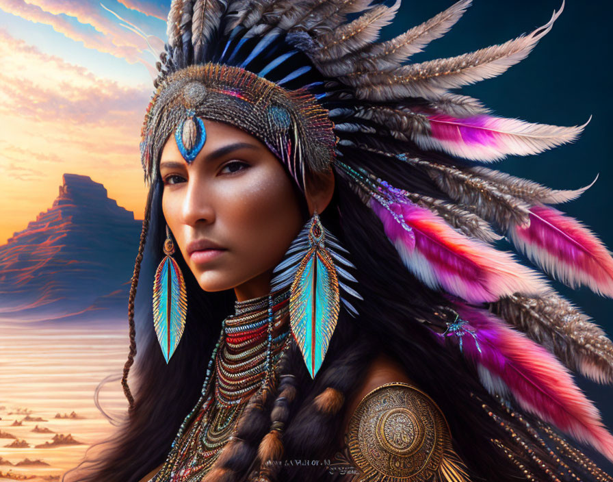 Woman in Native American headdress with colorful feathers against dusk sky and mountain.