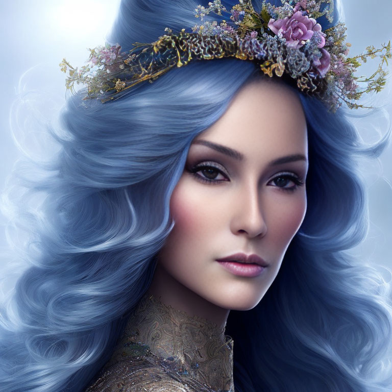 Portrait of woman with long blue hair and floral crown in elegant attire