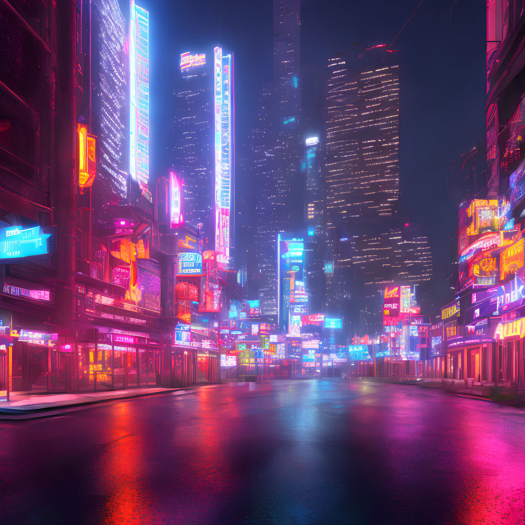 Night Cityscape: Neon-lit street, glowing signs, skyscrapers in mist
