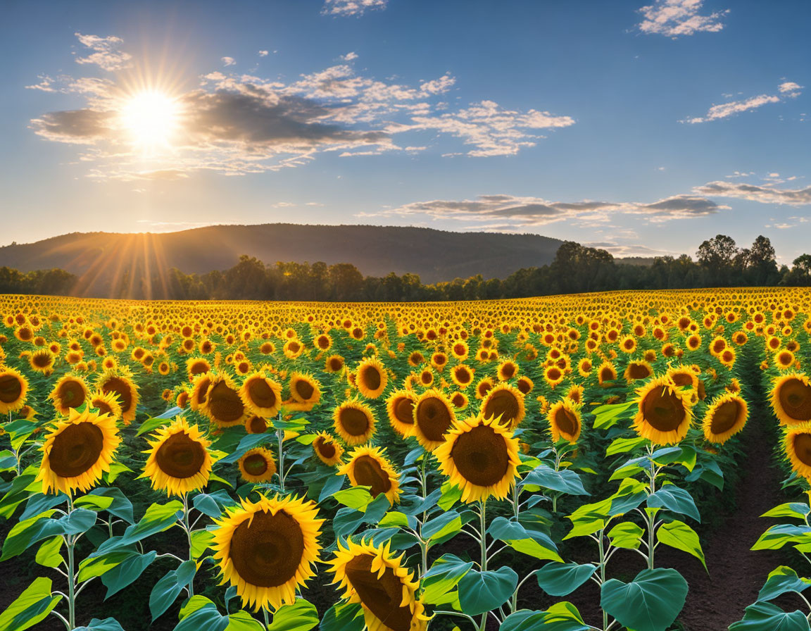 Sunflower field landscape with blue skies and hills