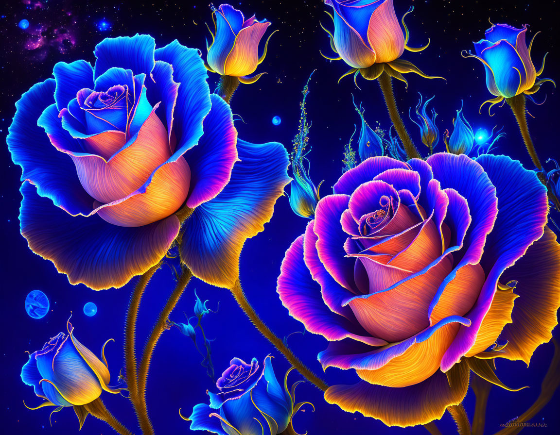Colorful Blue and Purple Roses on Starry Background