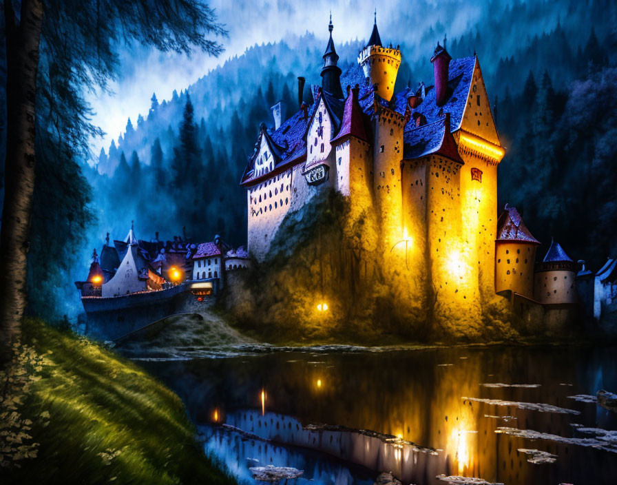 Enchanting fairy-tale castle at night beside serene river