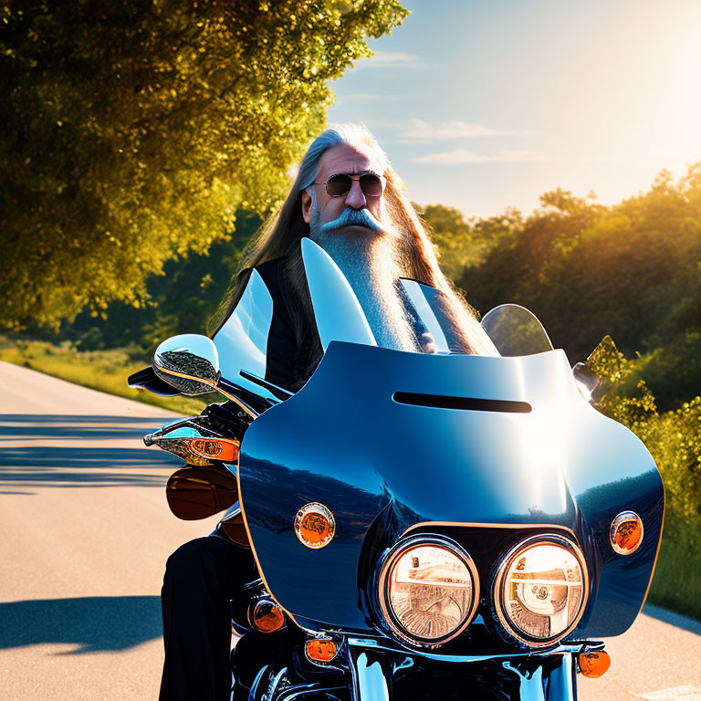 Bearded person on blue motorcycle with sunglasses riding on sunny road
