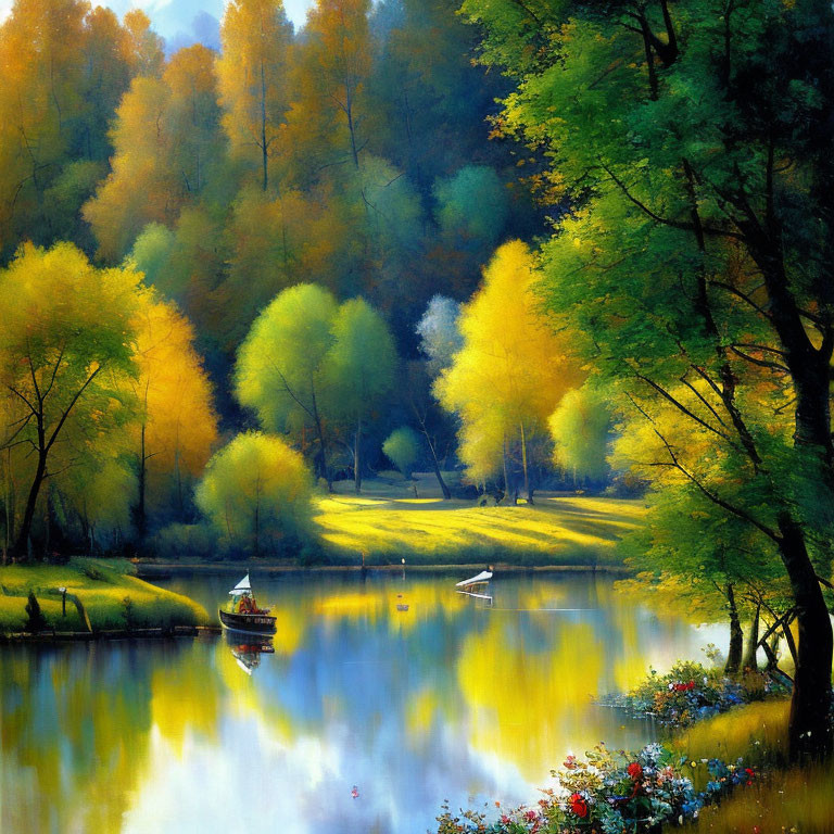 Tranquil autumn scene: vibrant trees, calm lake, boats, flowers