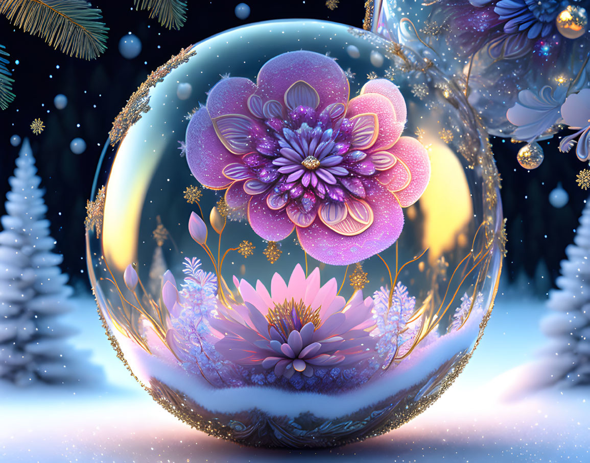 Winter-themed transparent orb with purple flower and frosty foliage on starry night backdrop