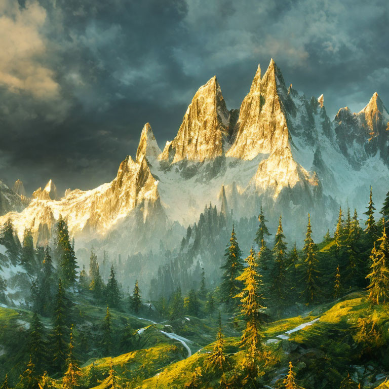 Majestic mountain peaks in golden light with green forests and dramatic sky