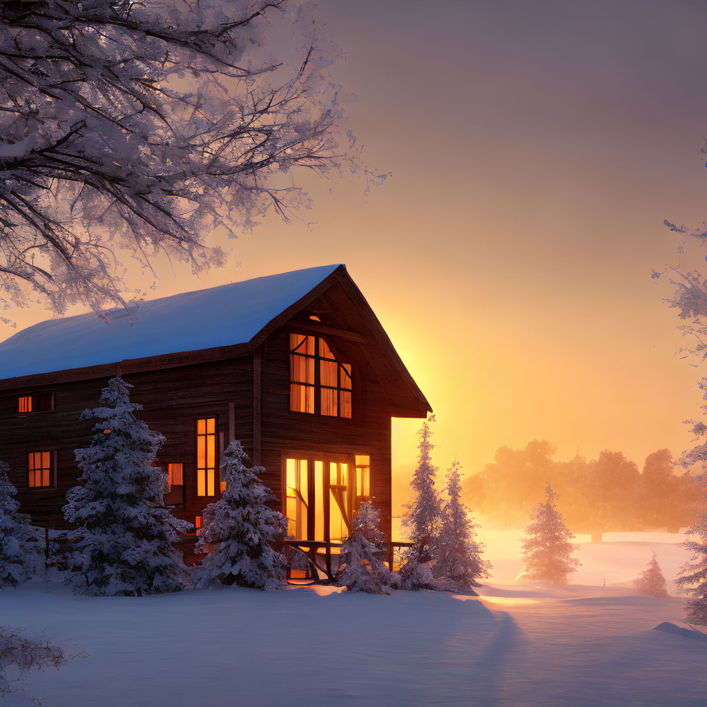 Snow-covered trees and cozy wooden cabin in sunset glow