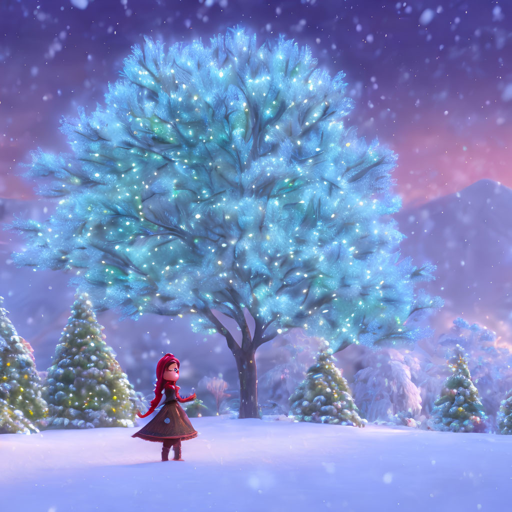 Girl in Red Hood Standing in Snow with Blue Tree and Falling Snowflakes