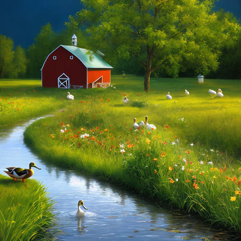 Red Barn, Ducks, Geese, and Wildflowers in Rural Landscape
