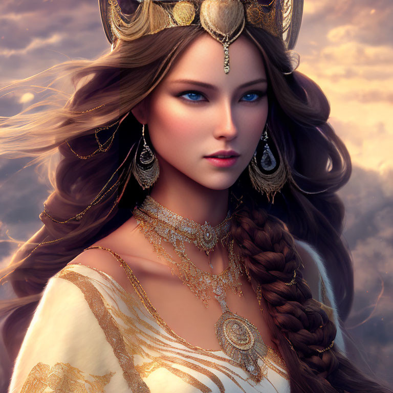Digital portrait of woman with braided hair and gold jewelry against cloudy sky