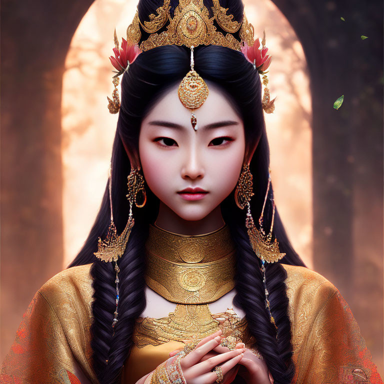 Digital artwork of woman in elegant traditional royal attire with gold jewelry and crown.