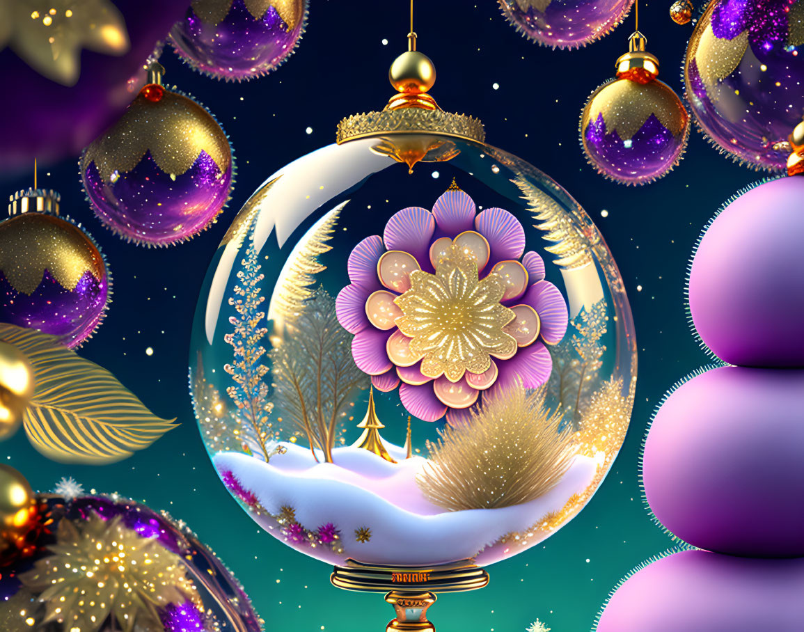 Snow Globe with Pink Flower and Christmas Ornaments on Starry Night Sky